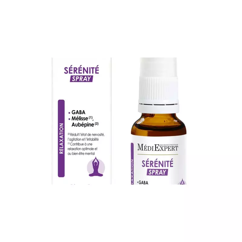 Packshot du spray Sérénité Médiexpert : boîte blanche et violette près d’un flacon en verre ambré av