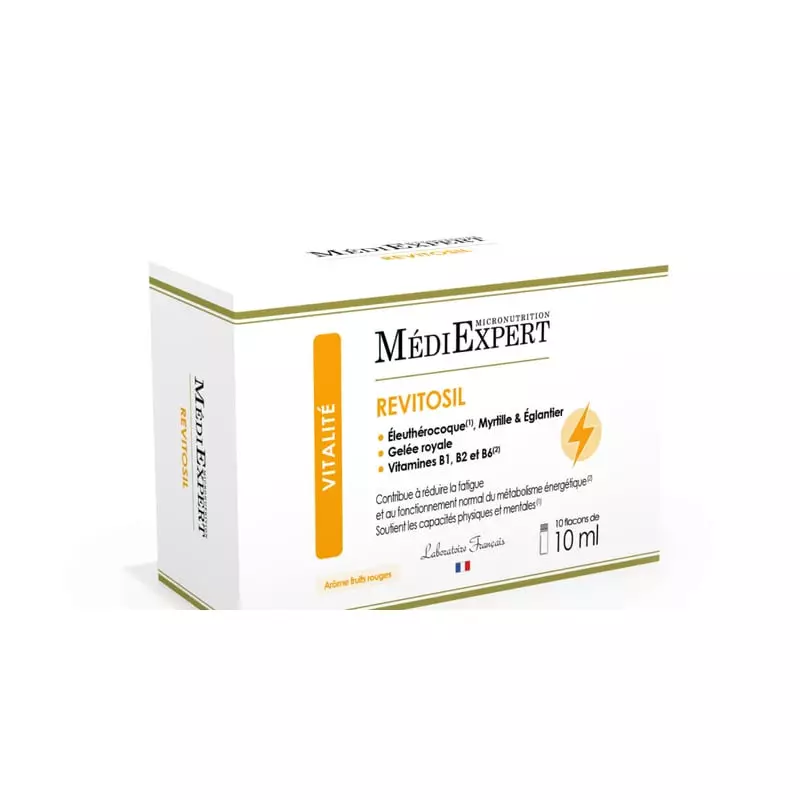 Packshot incliné de la boîte de shots vitalité Médiexpert Revitosil, 10 x 10 ml, blanc et or avec ba