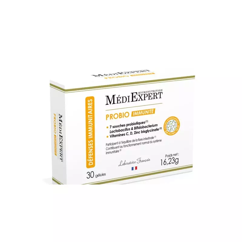 Boîte Médiexpert Probio Immunité, 30 gélules, 7 souches probiotiques, vitamines C, D et zinc pour l'