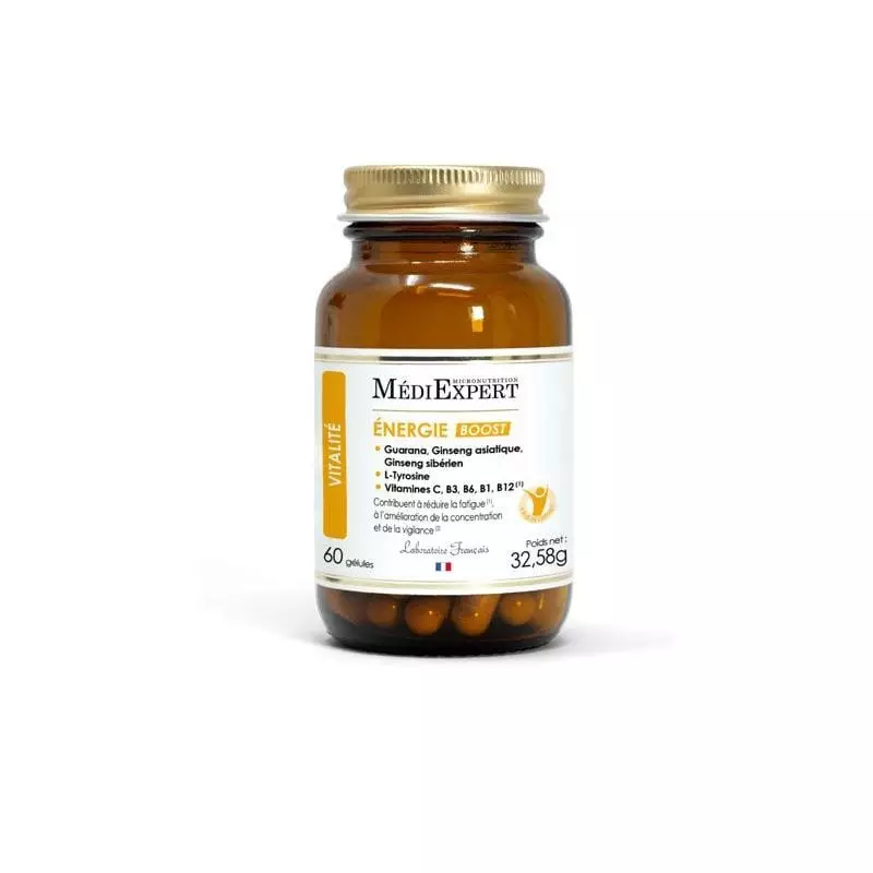 Flacon en verre ambré de complément Médiexpert Énergie Boost, 60 gélules, étiquette blanche et dorée