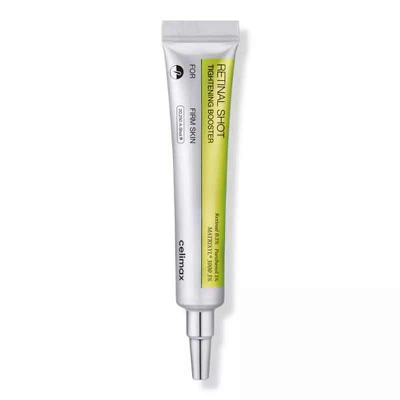 Tube argenté Celimax Retinal Shot Booster 15 ml, étiquette dégradée verte, pour peau ferme