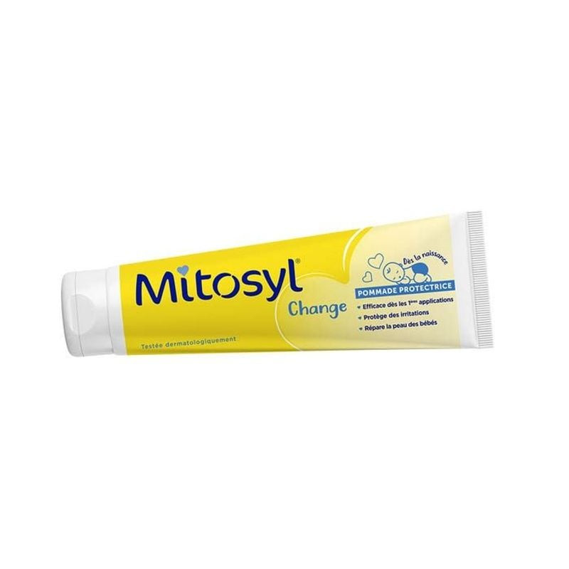 Tube de pommade protectrice Mitosyl Change 100 g jaune avec bouchon blanc sur fond blanc
