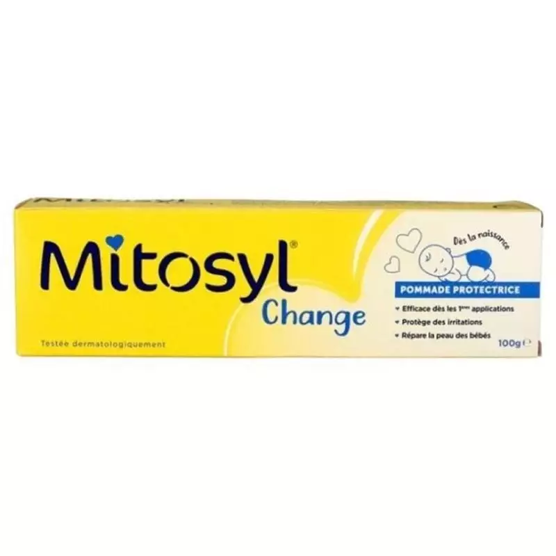 Boîte en carton jaune Mitosyl Change pommade protectrice 100 g avec illustration bébé et texte bleu