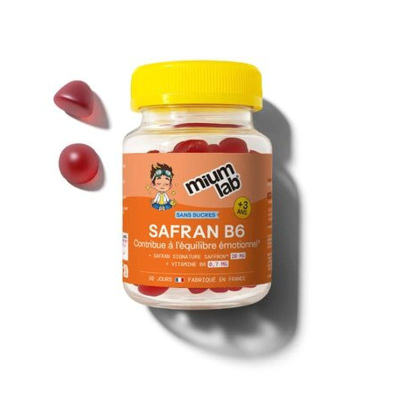 Flacon de gummies Mium Lab Safran B6 fraise pour enfants dès 3 ans, sans sucres, avec deux gommes ro