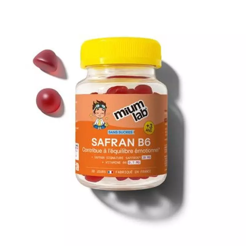 Flacon de gummies Mium Lab Safran B6 fraise pour enfants dès 3 ans, sans sucres, avec deux gommes ro