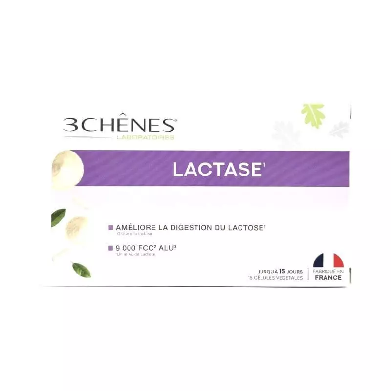 Face avant de la boîte de complément Lactase Les 3 Chênes, 15 gélules végétales, 9000 FCC ALU, fabri