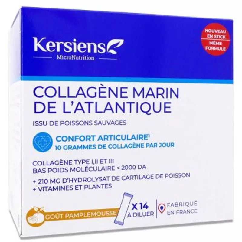 Packshot avant de la boîte Kersiens Collagène marin confort articulaire, 14 sticks pamplemousse.