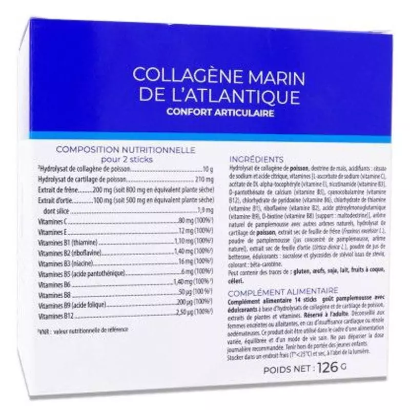 Arrière de la boîte de collagène marin Kersiens avec composition nutritionnelle, ingrédients et déta