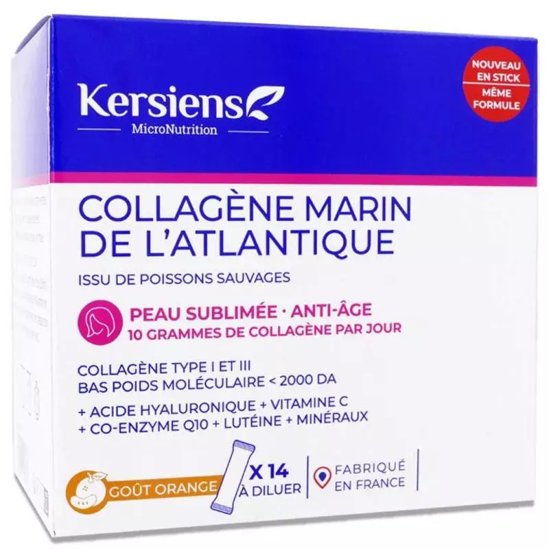 Packshot avant de la boîte Kersiens Collagène marin anti-âge 14 sticks, collagène marin, goût orange