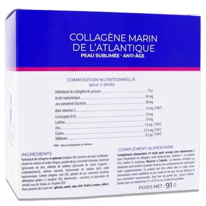Panneau arrière de la boîte Kersiens Collagène marin anti-âge 14 sticks : composition nutritionnelle