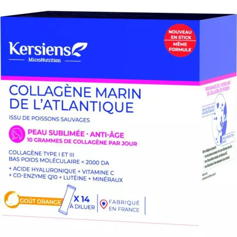 Boîte Kersiens Collagène marin anti-âge 14 sticks vue inclinée, montrant l'étiquette et les détails 