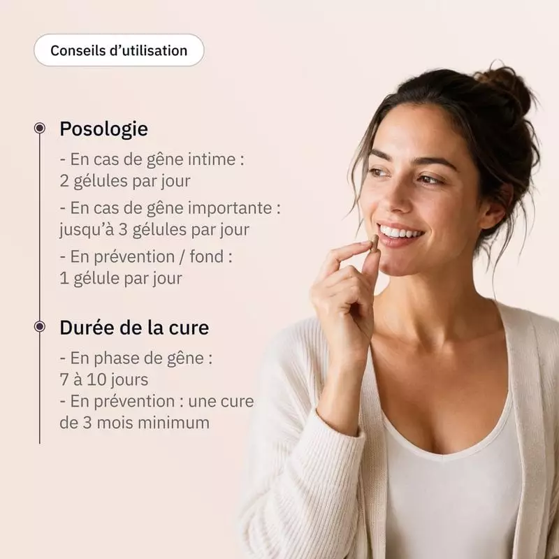 Femme souriante prenant une gélule Hollis Intime à côté des conseils de posologie et de durée de cur