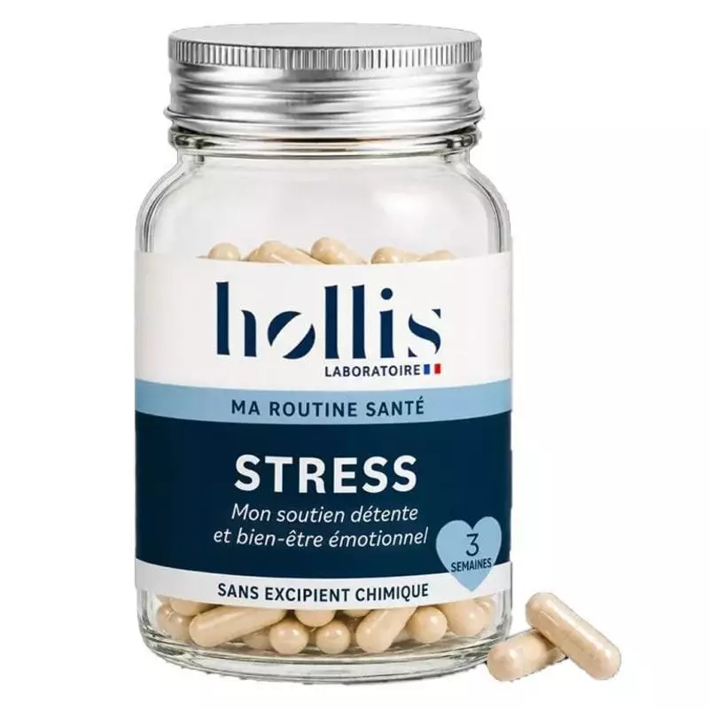 Pot de complément Hollis Stress, 40 gélules beiges, étiquette Mon soutien détente et bien-être