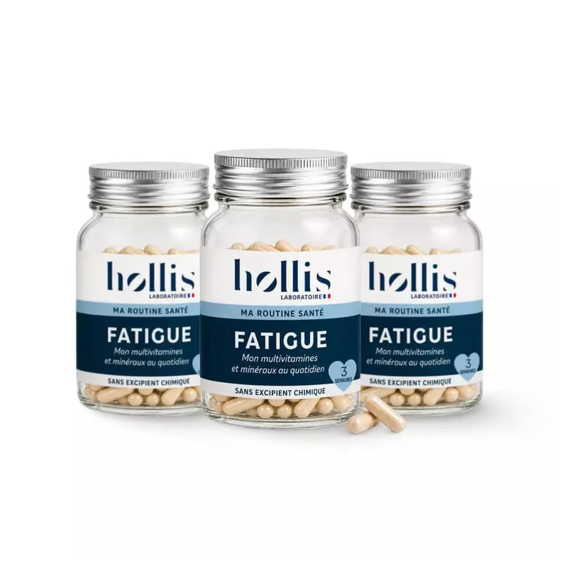 Packshot du complément alimentaire Hollis Fatigue, flacon de 40 gélules contre la fatigue.