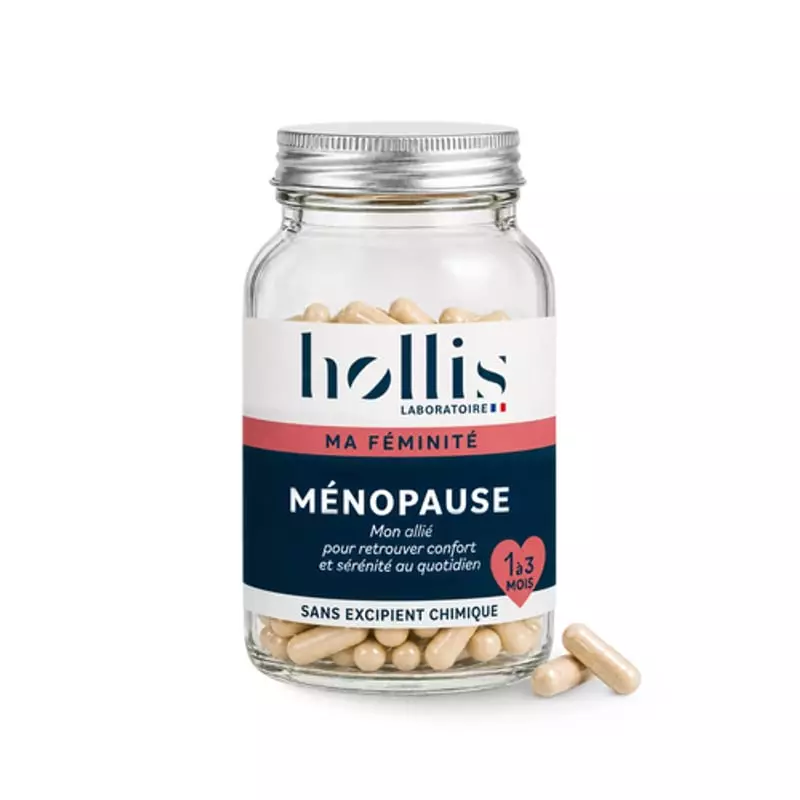 Pot en verre transparent du complément Ménopause de Laboratoire Hollis, étiquette bleu marine et gél