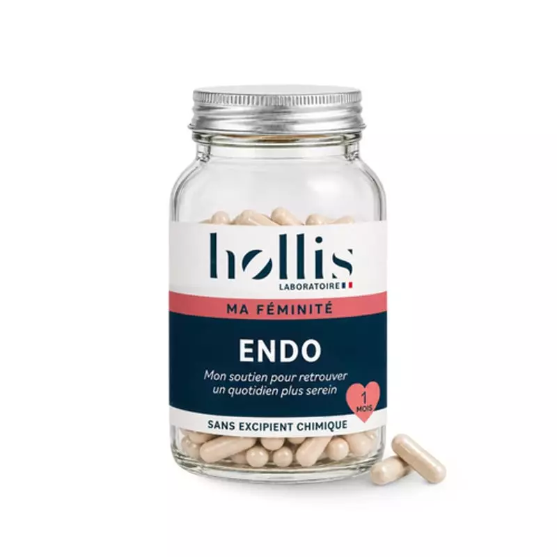 Pot de complément alimentaire Endo du Laboratoire Hollis, 90 gélules beiges et étiquette Ma Féminité