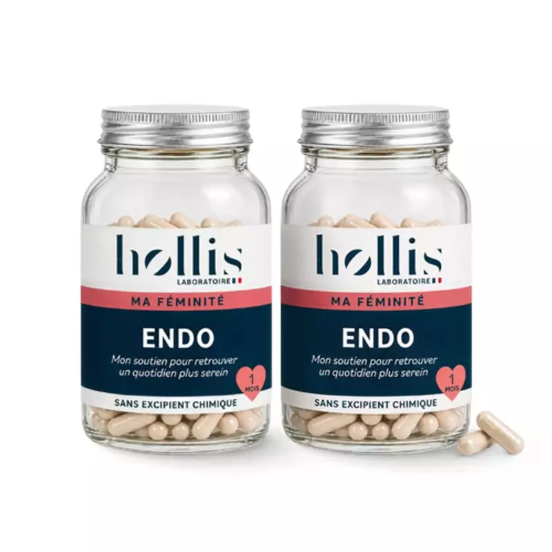 Deux pots du complément Endo de Laboratoire Hollis, 90 gélules chacun, avec gélules beiges à côté