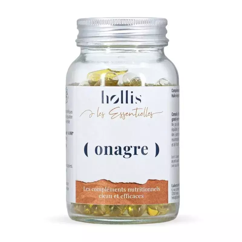 Pot en verre Hollis Onagre 90 gélules, étiquette blanche, bande cuivrée et gélules dorées d’huile d’