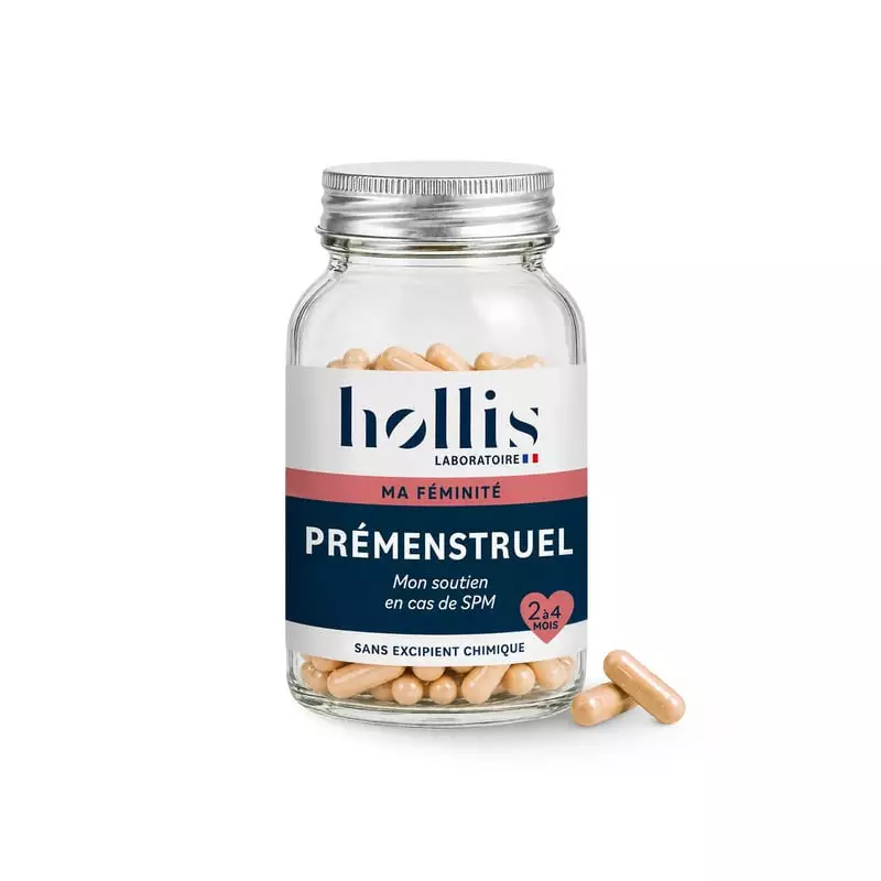 Pot en verre de complément Hollis Prémenstruel, 60 gélules beiges et bouchon argenté