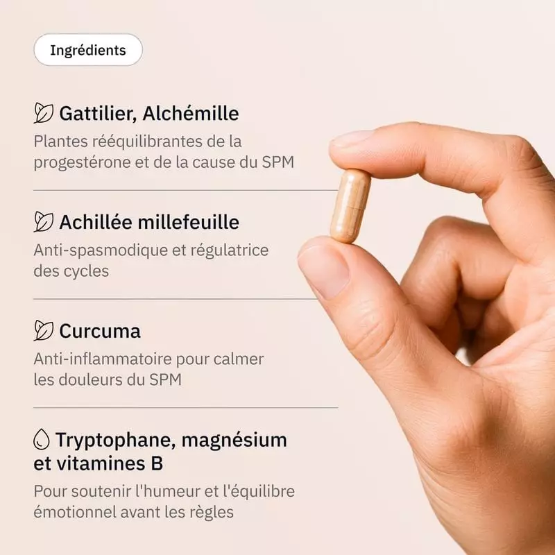 Main tenant une gélule beige Prémenstruel près d’une liste d’ingrédients : gattilier, alchémille, cu