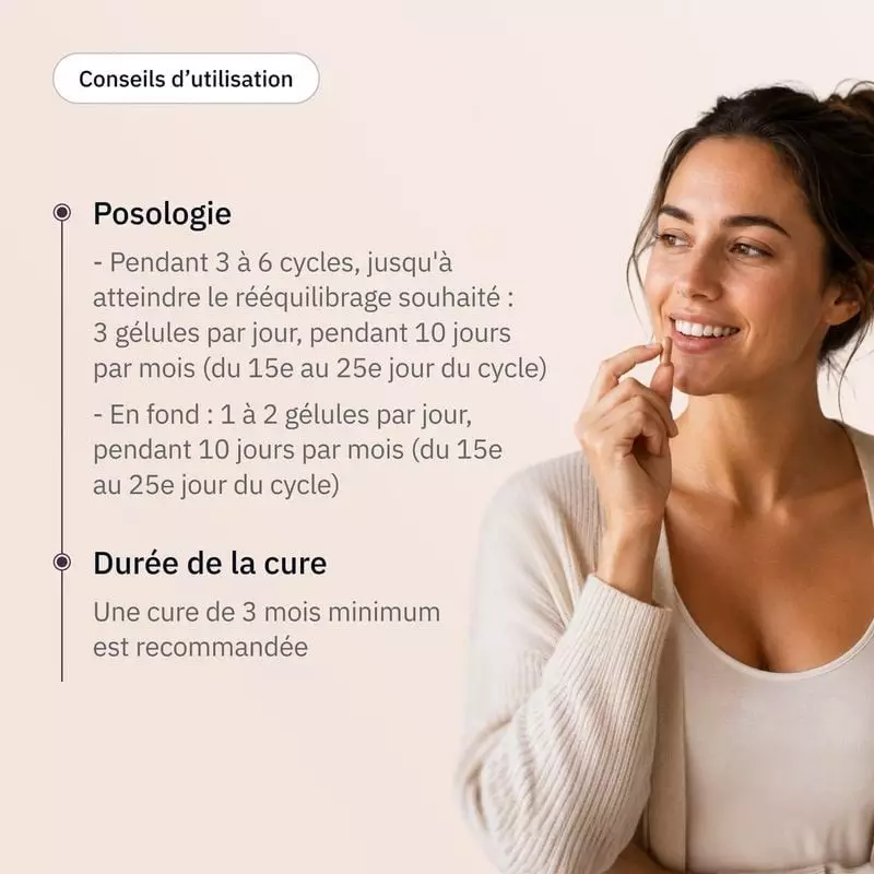 Femme souriante tenant une gélule Prémenstruel près des conseils d'utilisation du Laboratoire Hollis