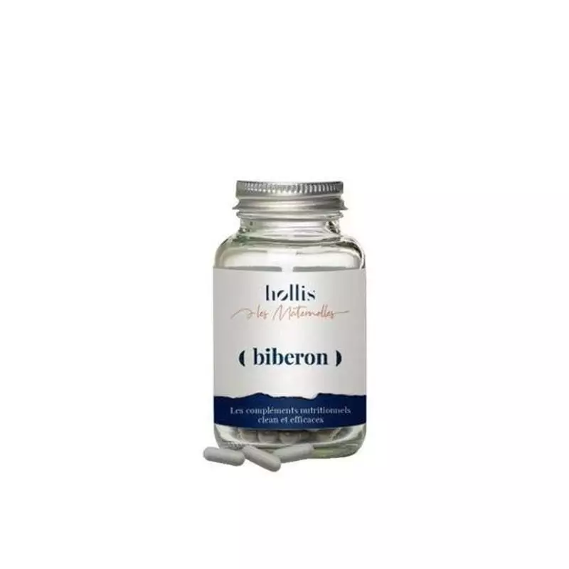 Complément alimentaire Laboratoire Hollis Biberon en flacon de verre avec 60 gélules végétales blanc