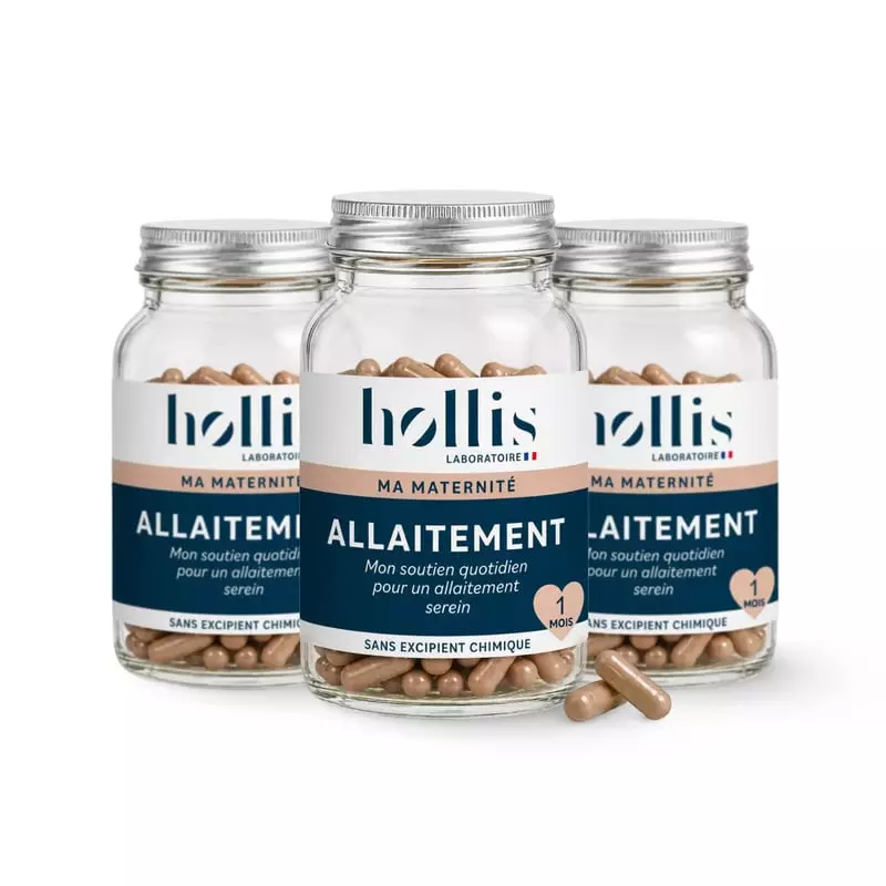 Packshot du complément Hollis Allaitement moringa et verveine, flacon de 90 gélules pour soutenir la