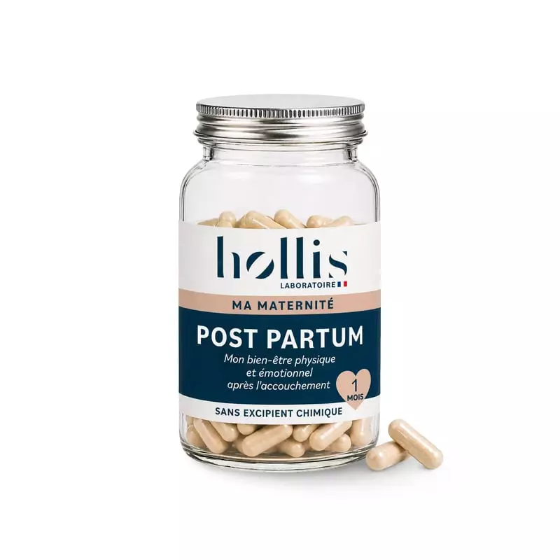 Pot en verre Laboratoire Hollis Post Partum de 90 gélules beiges avec étiquette bleu marine et rose 