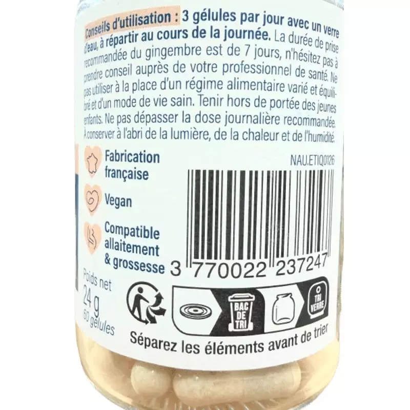 Étiquette arrière flacon Hollis Nausées : posologie, icônes France et vegan, code-barres, recyclage.