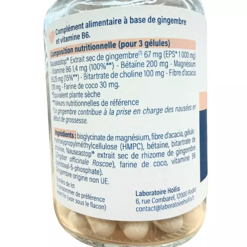 Étiquette du flacon Hollis Nausées : gingembre, vitamine B6, magnésium, bétaïne et liste des ingrédi