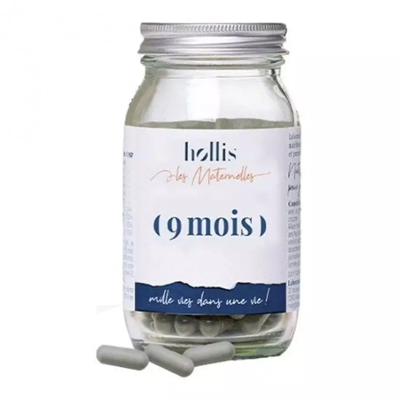 Pot de complément Hollis 9 mois 90 gélules avec bouchon argenté et gélules beiges, deux gélules deva