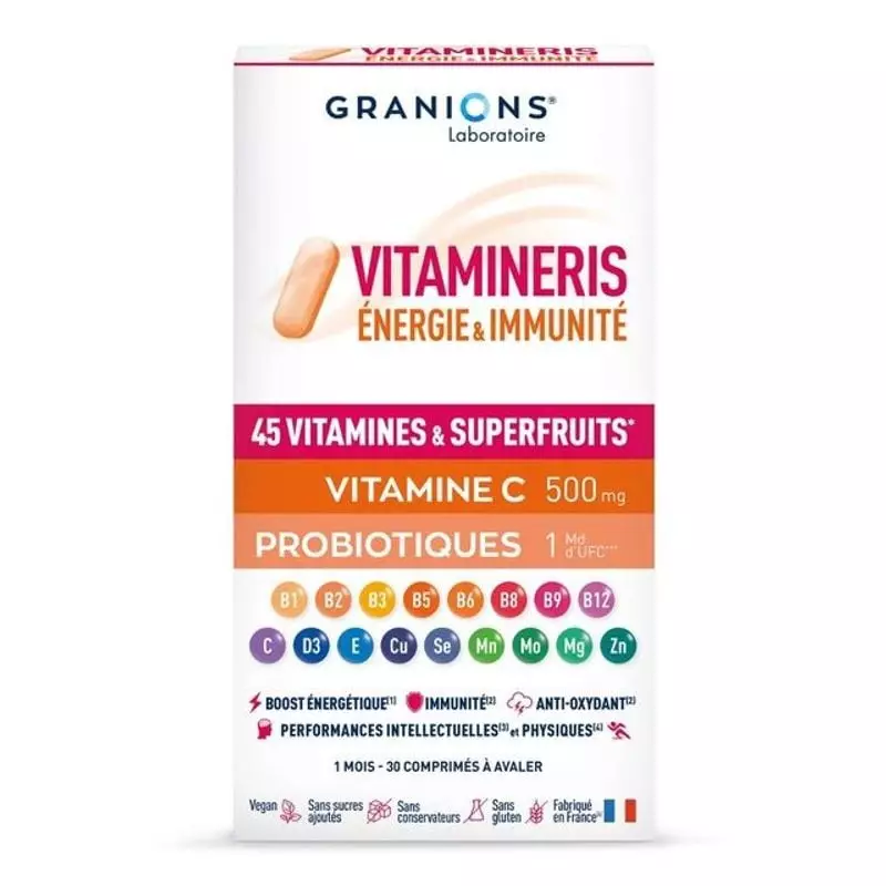 Boîte Granions Vitamineris Énergie & Immunité, vitamine C 500 mg, probiotiques et 45 vitamines et su