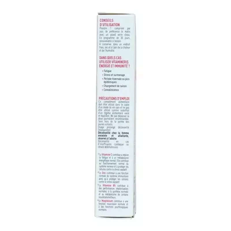 Panneau latéral de la boîte Vitamineris : conseils d'utilisation, précautions et bienfaits des vitam
