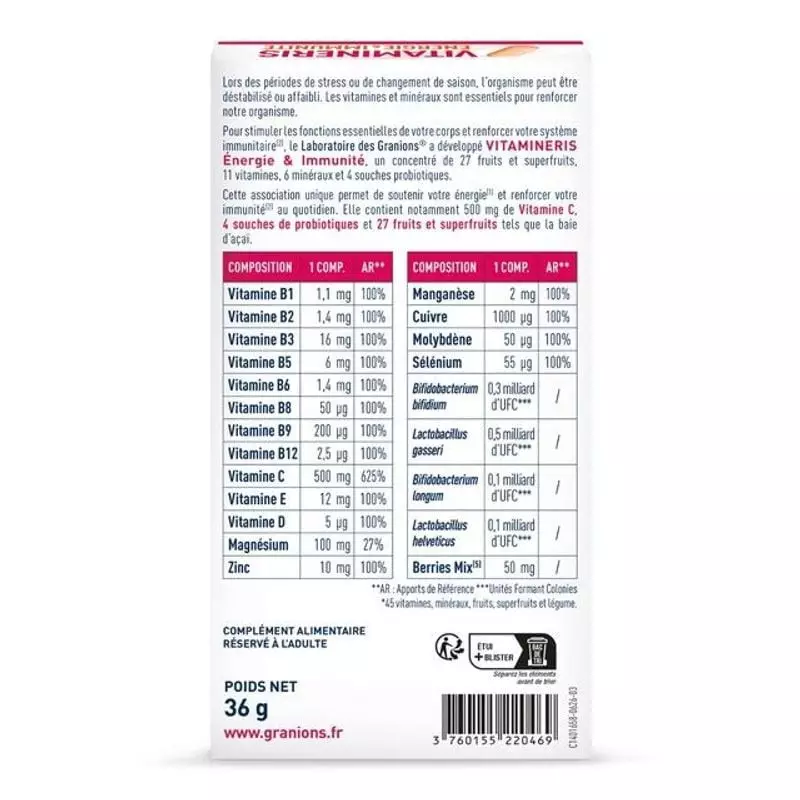 Dos de la boîte Vitamineris avec tableau détaillé composition : vitamines, minéraux, souches probiot