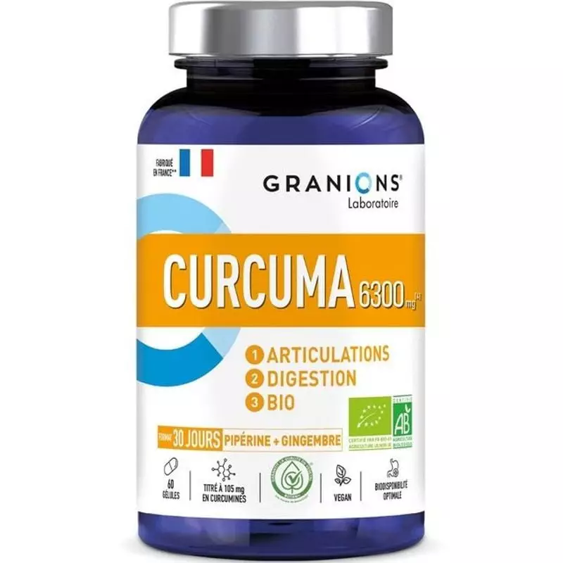 Flacon Granions Curcuma bio 60 gélules, étiquette avant avec certification bio, 6300 mg et bienfaits