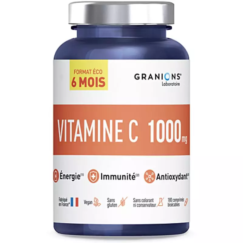 Flacon bleu Granions Vitamine C 1000 mg, étiquette blanche, bandeau orange et icônes vegan, sans glu