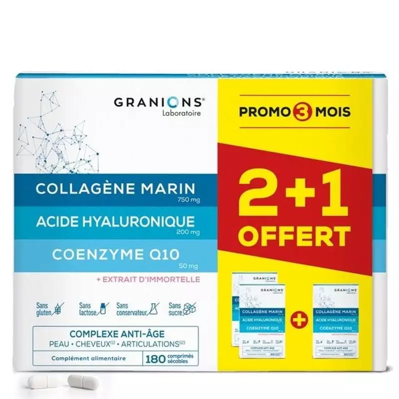 Boîte Granions Complexe Anti-Âge 180 comprimés : collagène, acide hyaluronique, coenzyme Q10 et offr
