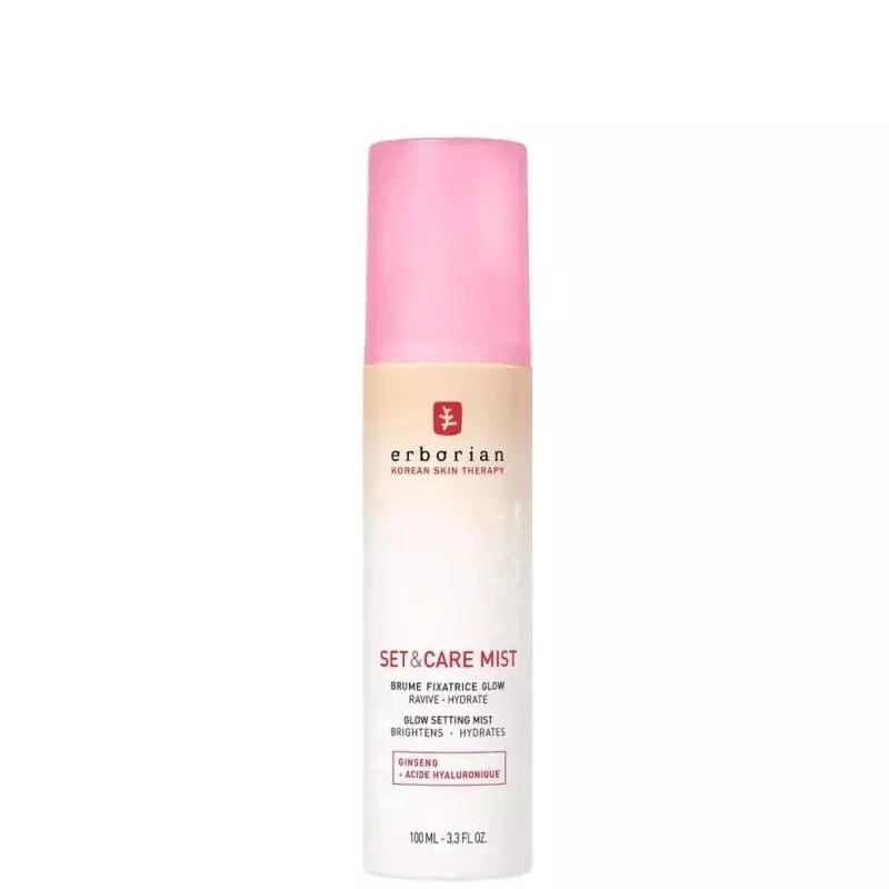 Flacon de brume fixante Erborian Set & Care 100 ml, bouchon rose, vue de face sur fond blanc