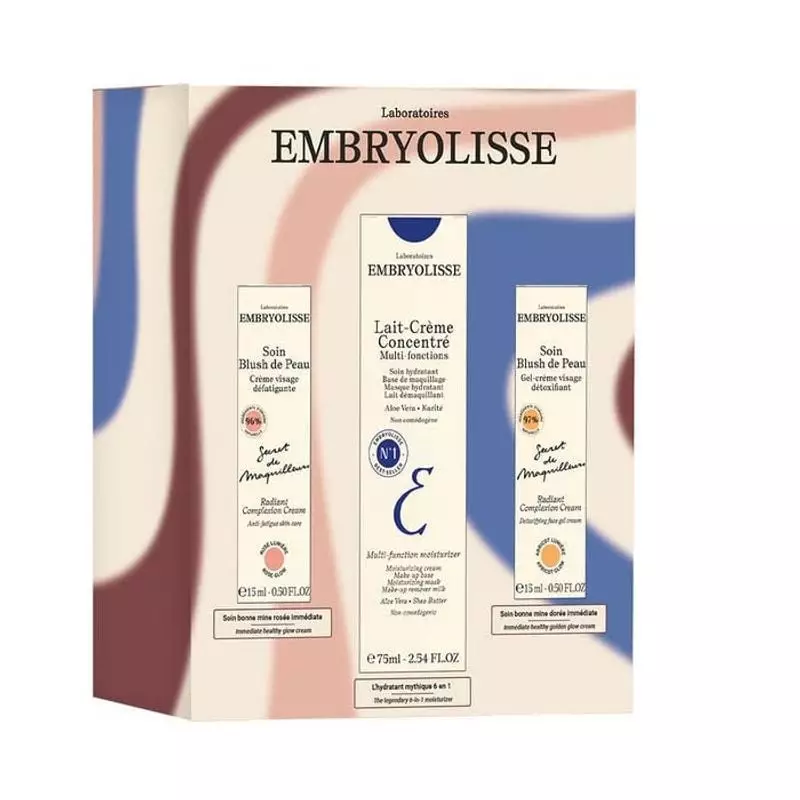 Packshot du coffret Embryolisse avec Lait-Crème Concentré 75 ml et deux tubes Blush de Peau Lumière 