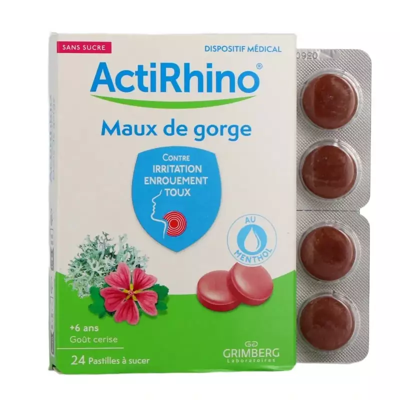 Boîte d’Actirhino Maux de Gorge de 24 pastilles cerise sans sucre avec plaquette