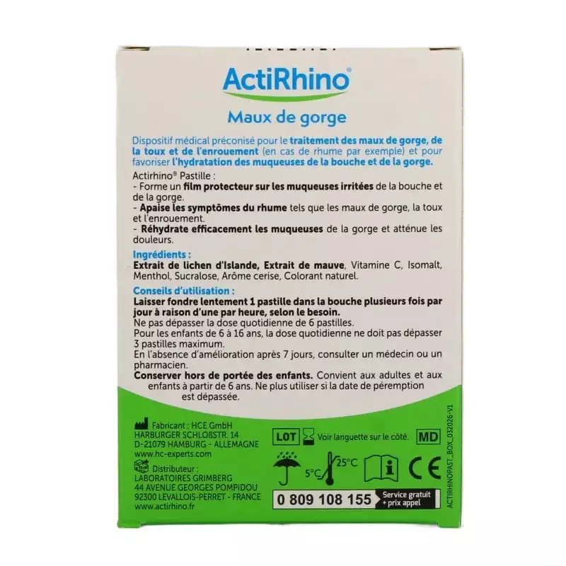 Dos de la boîte Actirhino maux de gorge : ingrédients, mode d’emploi et dispositif médical
