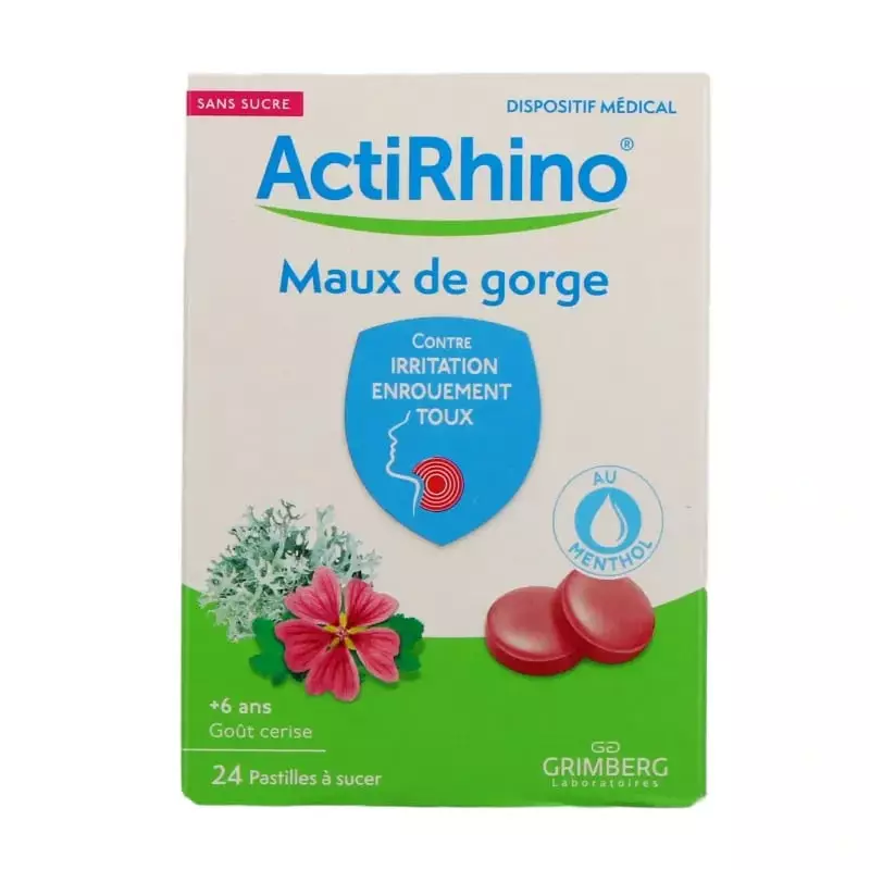 Face avant de la boîte Actirhino maux de gorge avec 24 pastilles sans sucre cerise menthol pour apai