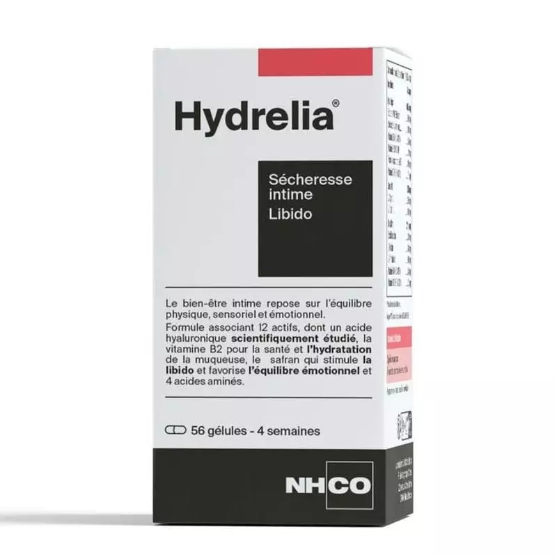 Boîte Hydrelia de NHCO Nutrition, 56 gélules pour sécheresse intime et libido, emballage blanc et ac