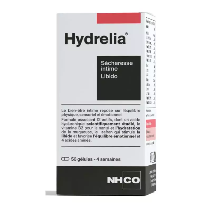 Vue de face de la boîte Hydrelia NHCO Nutrition pour la sécheresse intime et la libido, 56 gélules p