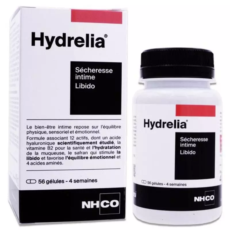 Flacon Hydrelia 56 gélules et boîte NHCO Nutrition blanche et noire sur fond blanc