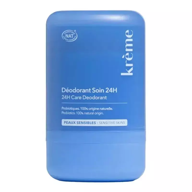 Étiquette avant du déodorant soin 24h Krème 50 g avec probiotiques, origine naturelle à 100 % et pea