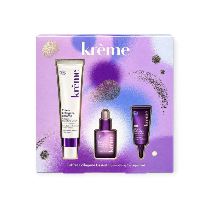 Coffret Collagène Lissant Krème, face avant avec trois soins anti-âge sur fond violet