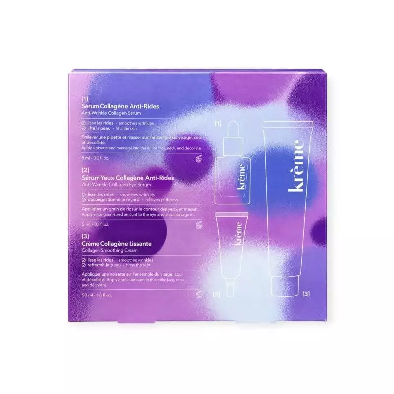 Arrière de la boîte Krème Coffret Collagène Lissant avec informations produit et trois soins