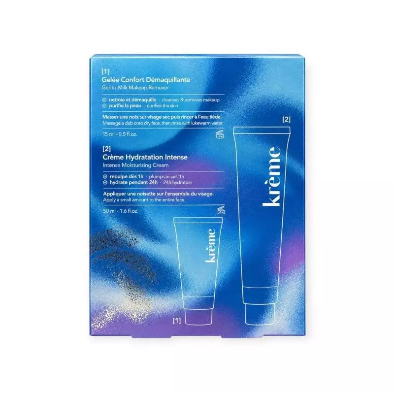 Verso de la boîte Krème Coffret Hydratation Intense : Gelée Démaquillante 15 ml et Crème Hydratation