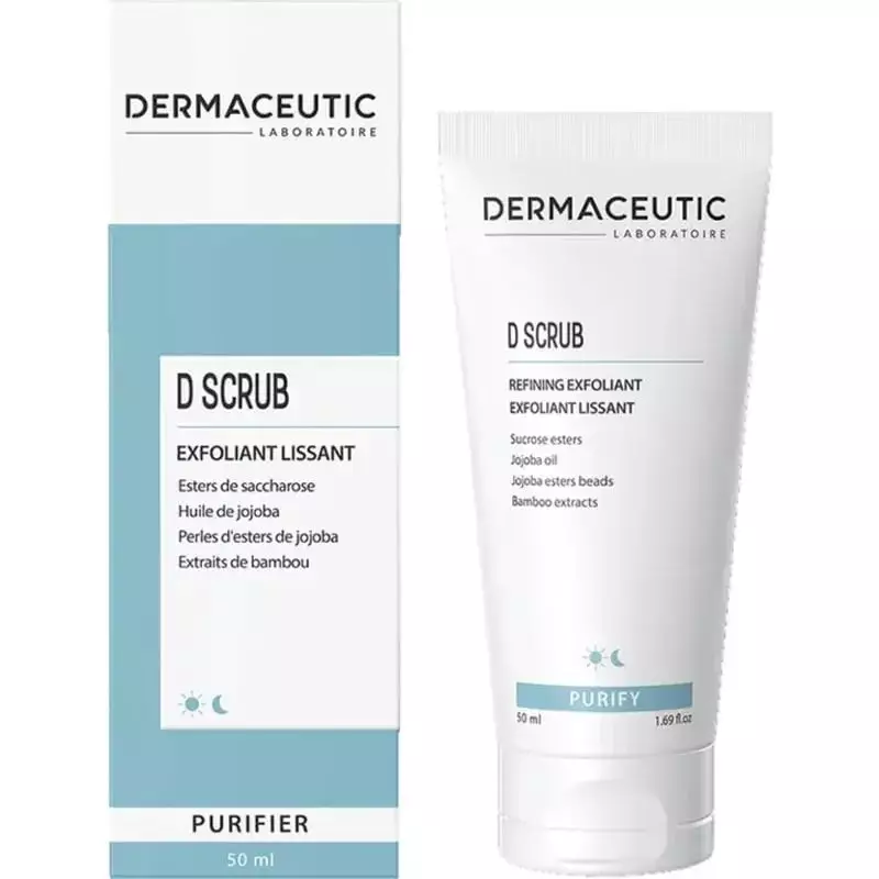 Tube blanc Dermaceutic D Scrub 50 ml à côté de la boîte exfoliante blanche et bleu canard PURIFIER.